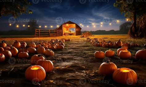 vivid spread of pumpkins sprawled across a farm during a lively autumn ...