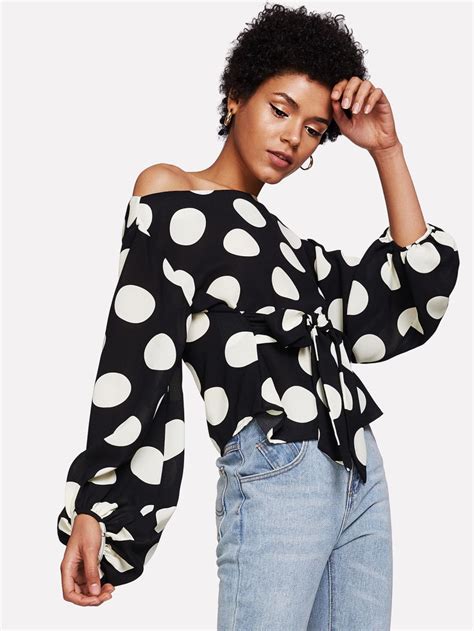 Shein Exaggerated Lantern Sleeve Belted Polka Dot Top Lantern Sleeves