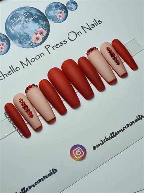 Red And Nude And Red Tip Matte Finish With Red Crystals Press On Nails