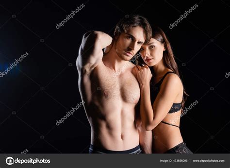 Muscular Man Shirtless Torso Woman Lingerie Looking Camera Black Background Stock Photo By