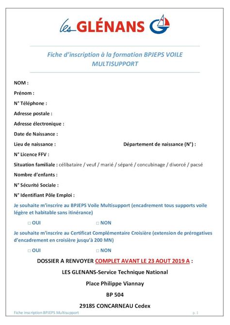 Pdf Fiche Dinscription La Formation Bpjeps Voile Multisupport