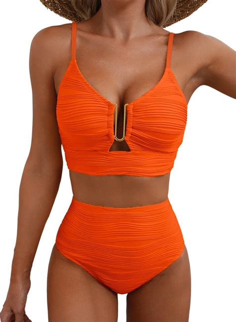 Herseas Piece Bikini Set V Neck Cutout Swimsuit High Waisted Textured Ruched Summer Beach