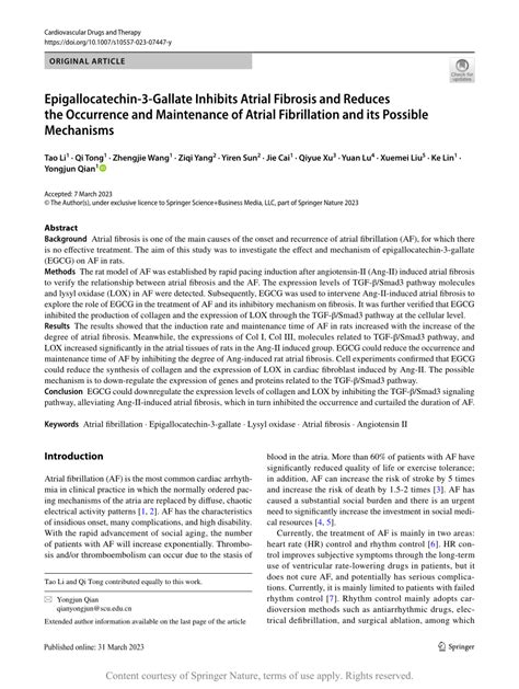 Epigallocatechin 3 Gallate Inhibits Atrial Fibrosis And Reduces The