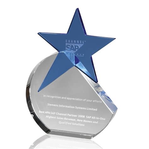 Blue Crystal Star Award Set In Rounded Clear Crystal Base Star Awards