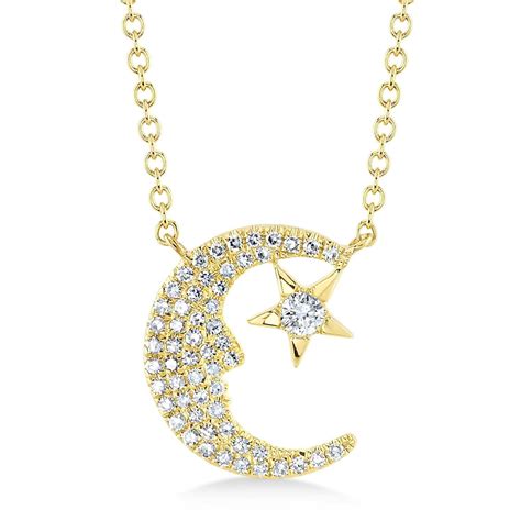 Diamond Crescent Moon Star Pave Pendant Necklace K Yellow Gold Ct