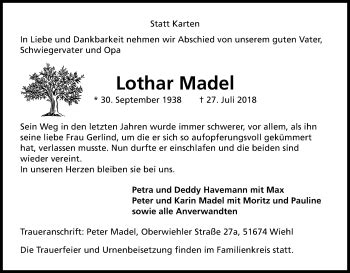 Traueranzeigen Von Lothar Madel Wirtrauern