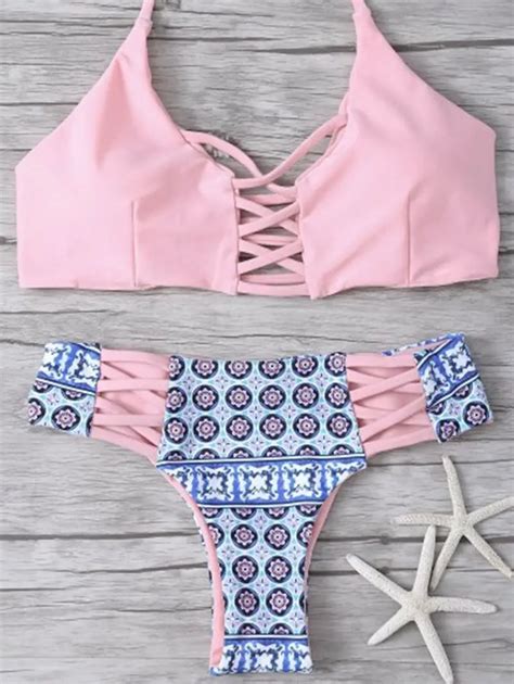 Us Women Sexy Pink Color Printed Summer Hot Bikini Set Push Up Padded Bandage Swimsuit Swimwear