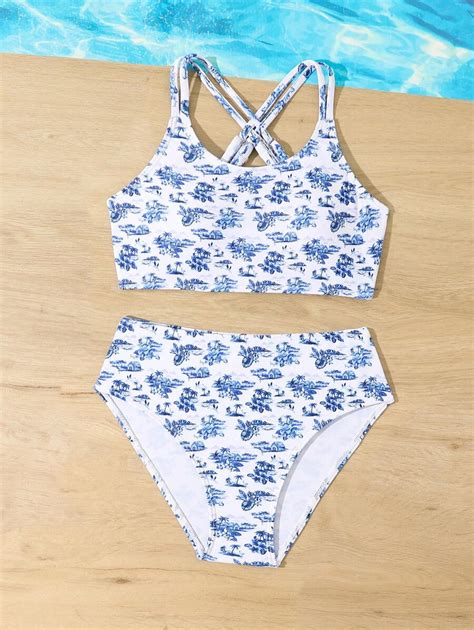 New Arrival Blue Flower And Blue And White Porcelain Patterned Two Piece Swimsuit With Bikini