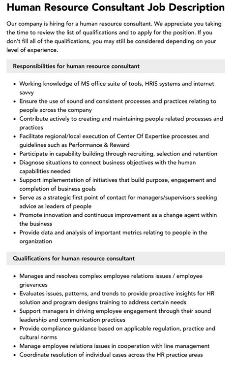 Human Resource Consultant Job Description Velvet Jobs