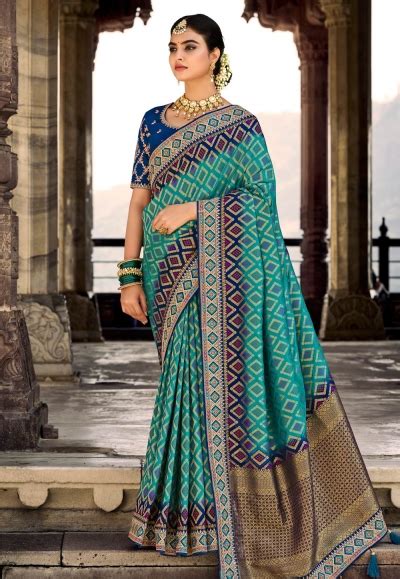 Silk Saree With Blouse In Sea Green Colour