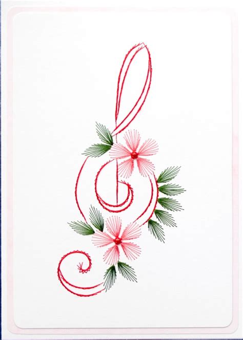 Hand Made Stitched Card Musical Treble Clef And Flowers Etsy