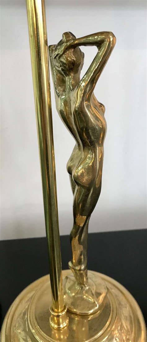 A Pair Of Vintage Solid Brass German Nude Lamps With Pate De Verre French Lamp Shades Artedeco