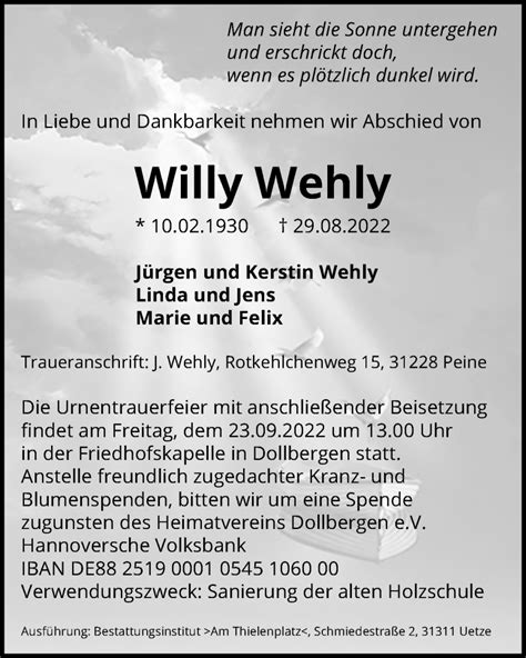 Traueranzeigen Von Willy Wehly Trauer Anzeigen De