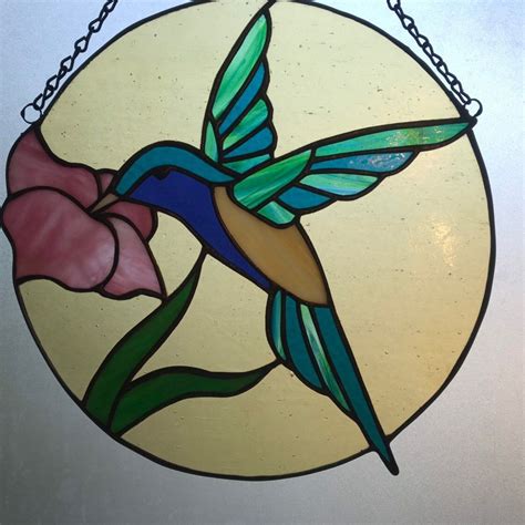 Stained Glass Hummingbird In Sunshine With Pink Flower Etsy Stained