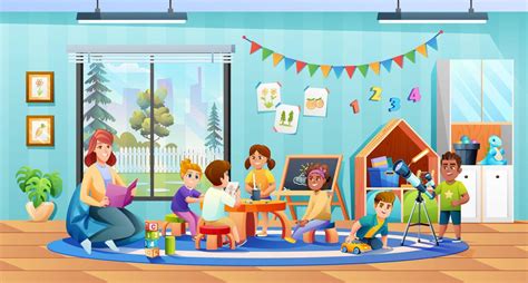 Teacher And Kids Activity In Kindergarten Classroom Vector Illustration