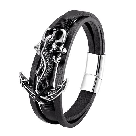 Bracelet Gecko Pour Homme En Cuir Ancre Gecko En Acier Inoxydable