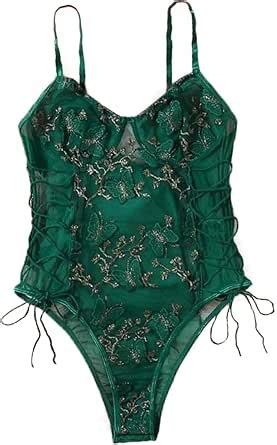 Amazon Lilosy Women Sexy Lace Up Floral Embroidered Teddy Babydoll Lingerie Bodysuit Top