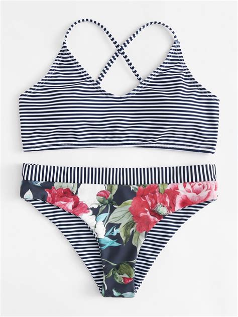 Flower Print Striped Bikini Set Bikinis Striped Bikini Hot Sex Picture