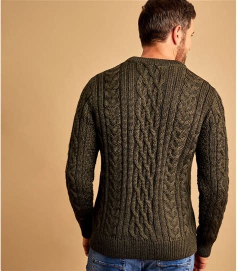 Acorn Green Marl Mens Pure Wool Aran Knitted Sweater Woolovers Uk