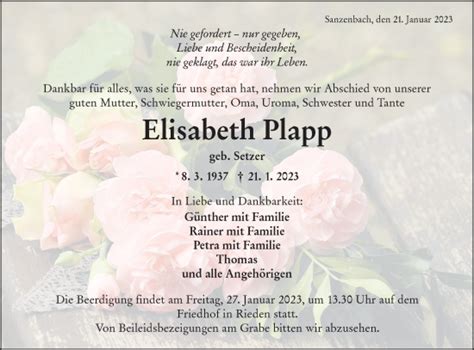 Traueranzeigen Von Elisabeth Plapp S Dwest Presse Trauer