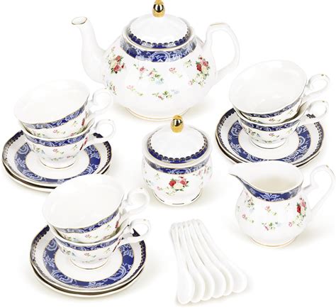 Amazon Fanquare Bone China Tea Sets For Adults 21 Piece Blue And