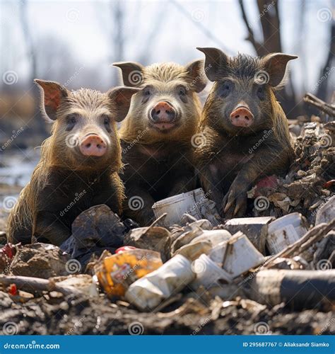 A Group Of Pigs In A Pile Of Trash Stock Image Image Of Domestic