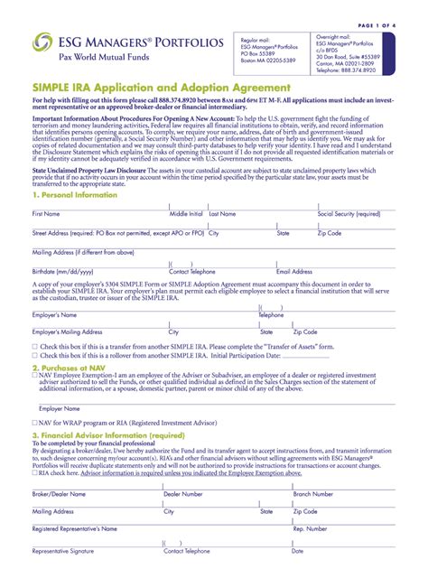 Fillable Online Simple Ira Application And Adoption Agreement Esg