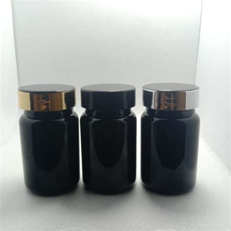 Jual Botol Kapsul Hitam 60 Ml Wadah Obat Tutup Polos List Gold Silver