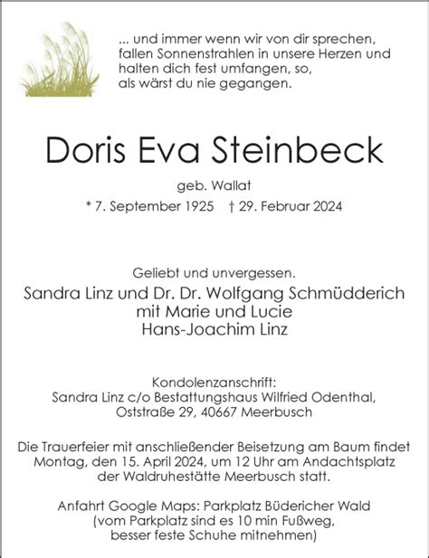 Alle Traueranzeigen für Doris Eva Steinbeck trauer rp online de