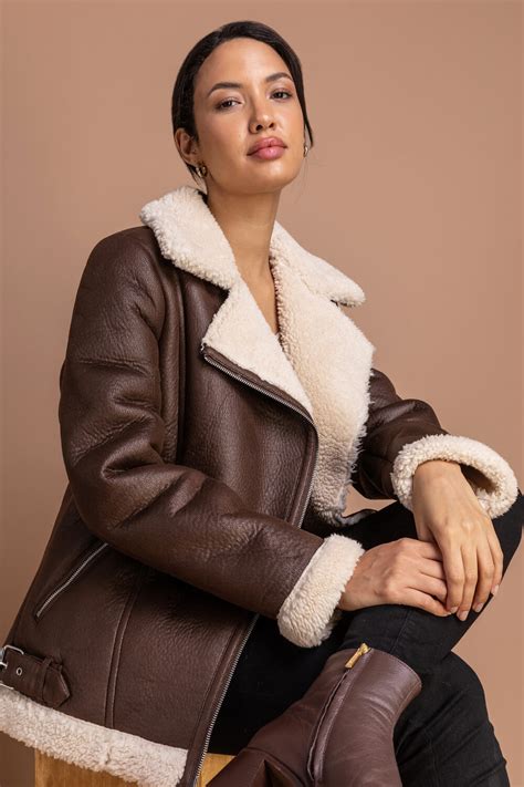 Faux Fur Lined Zip Detail Aviator Jacket In Brown Roman Originals Uk