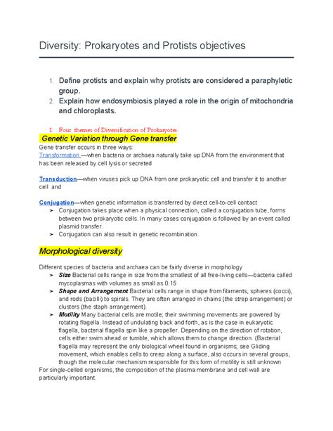 Biology Notes Noes For Prokaryotes And Protists Diversity Prokaryotes And Protists