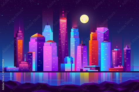 Modern new york city cartoon vector night landscape. Urban cityscape ...