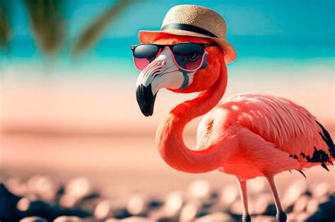 Premium Photo Flamingo In Sunglasses And Hat On The Beach Sand In The