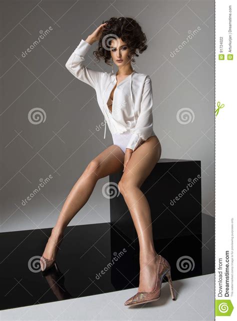 Glamorous Curvy Brunette Woman Stock Photo Image Of Slim Legs