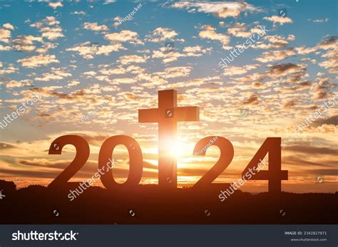 Silhouette Christian Cross 2024 Years Sunset Stock Photo 2342827971