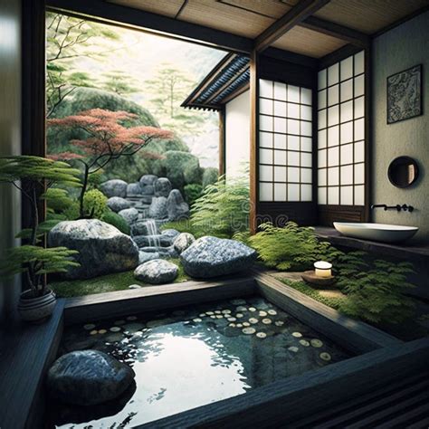 Beautiful Japanese Bath Room Interior With A Zen Generative AI Stock