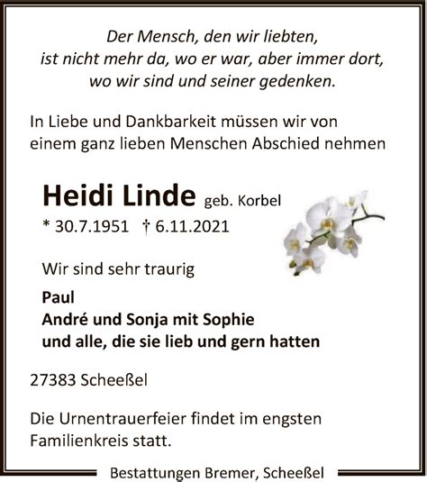 Traueranzeigen Von Heidi Linde Trauer Kreiszeitung De