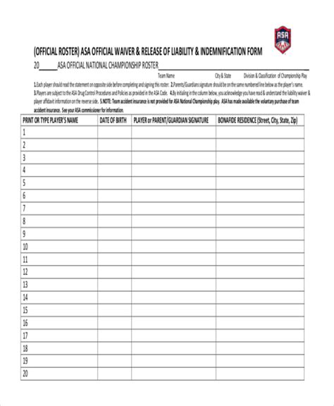 Printable Softball Roster Forms Printable Forms Free Online