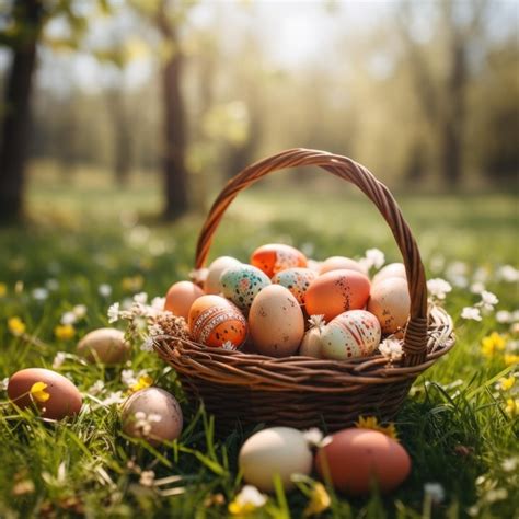 Premium Photo Easter Wicker Basket Colorful Painted Eggs In Green