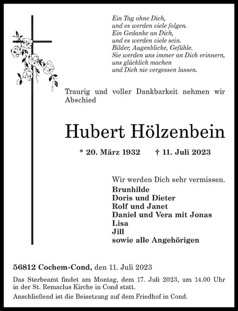 Traueranzeigen von Hubert Hölzenbein rz trauer de