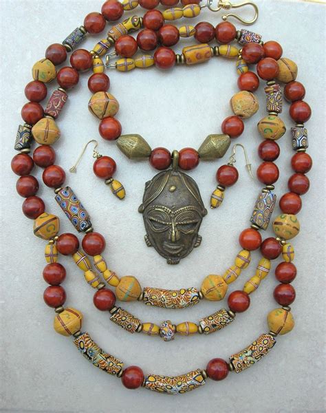 Magnificent African Baule Brass Mask And Old African Trade Beads Bodom