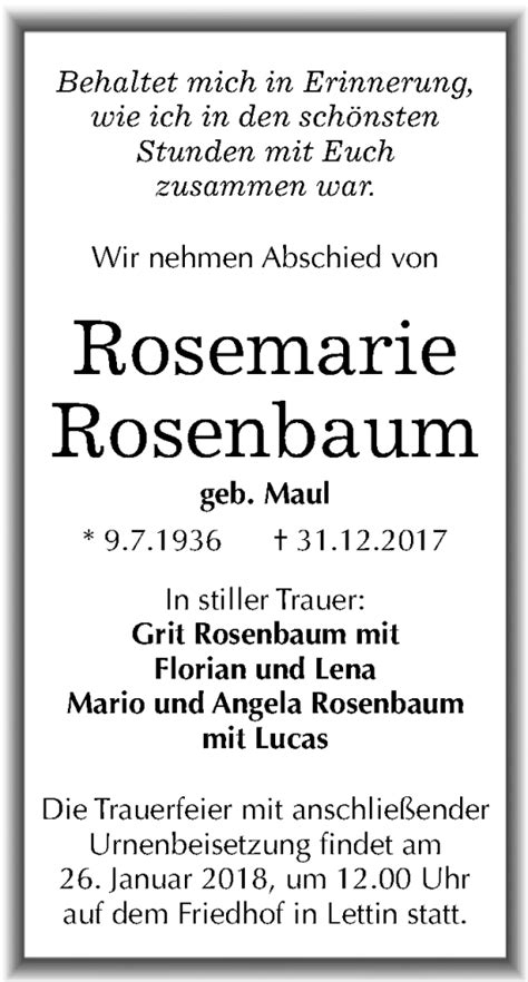 Traueranzeigen Von Rosemarie Rosenbaum Abschied Nehmen De