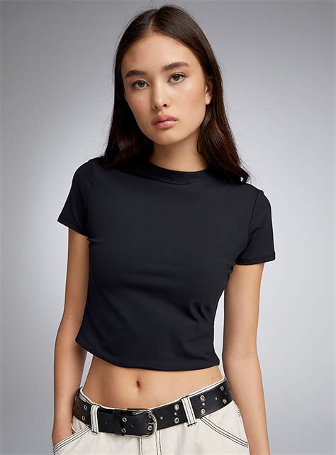 Double Layer Nylon Cropped Tee Twik Womens Short Sleeve T Shirts