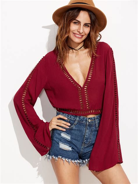 Burgundy Eyelet Bell Sleeve Crop Top Sheinsheinside