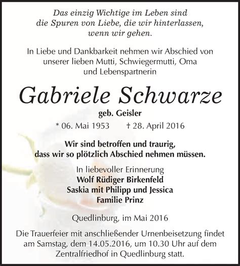 Traueranzeigen Von Gabriele Schwarze Abschied Nehmen De