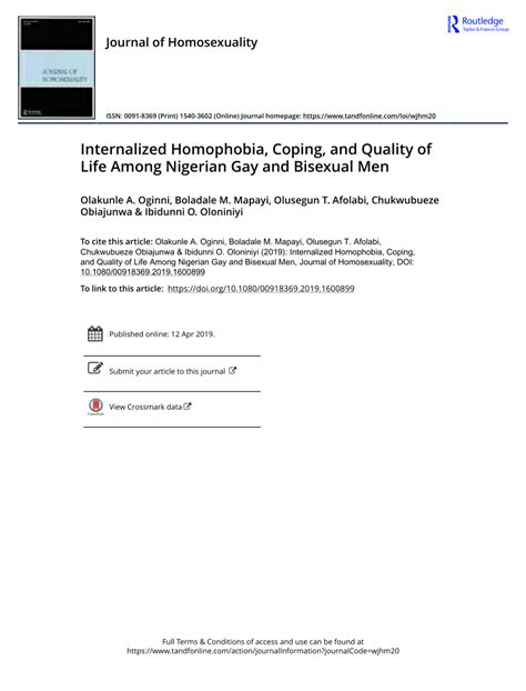 PDF Internalized Homophobia Coping And Quality Of Life Among Nigerian Gay And Bisexual Men