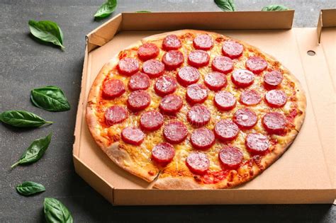 Tasty Pepperoni Pizza In Cardboard Box On Table Stock Image Image Of