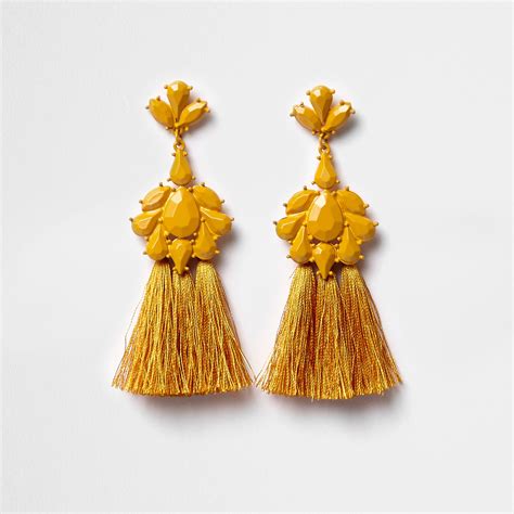 River Island Synthetic Mustard Yellow Jewel Tassel Drop Earrings Lyst