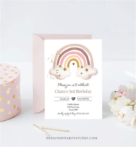 Editable Rainbow Birthday Invitation Boho Rainbow Invite Etsy