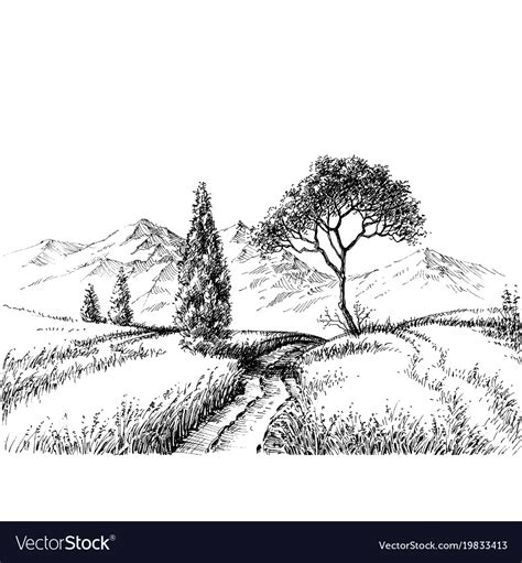 Field landscape pencil drawing Royalty Free Vector Image